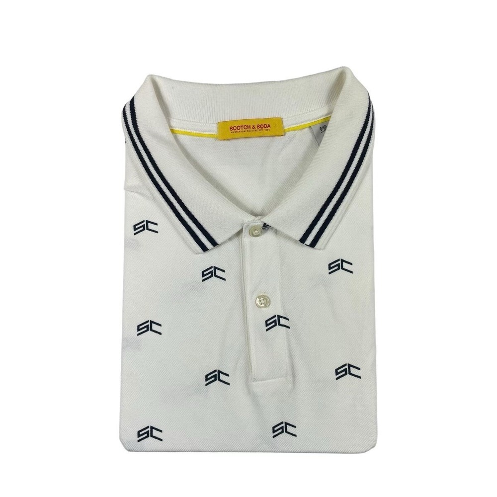 Scotch & Soda White Blue AOP Cotton Mens Pique Polo Size XL 152324-19-FWMM-D55